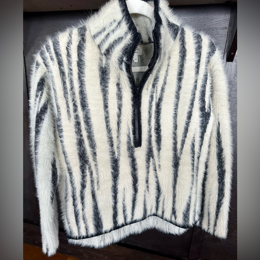 Anthropologie Black/White Zebra Fluffy Half-zip Turtleneck Sweater